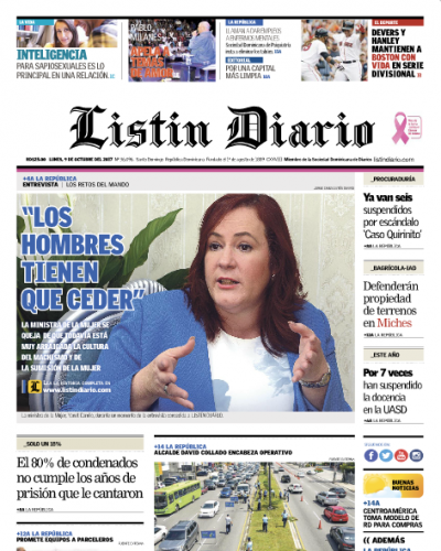 Portada Periódico Listín Diario, Lunes 09 de Octubre 2017