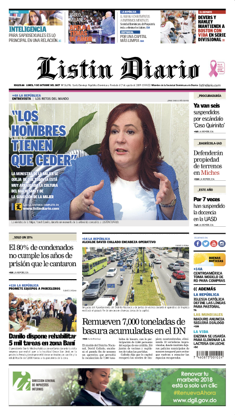 Portada Periódico Listín Diario, Lunes 09 de Octubre 2017