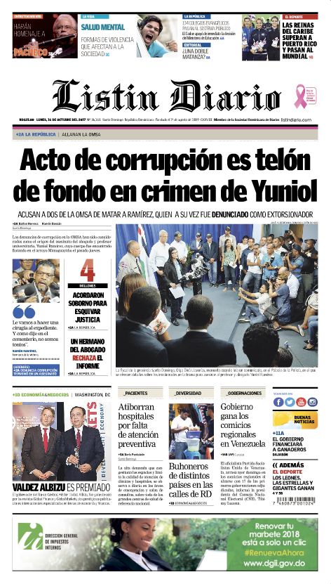 Portada Periódico Listín Diario, Lunes 16 de Octubre 2017