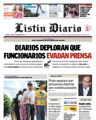 Portada Periódico Listín Diario, Lunes 23 de Octubre 2017