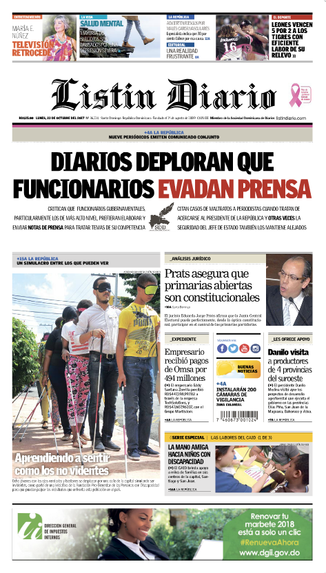 Portada Periódico Listín Diario, Lunes 23 de Octubre 2017