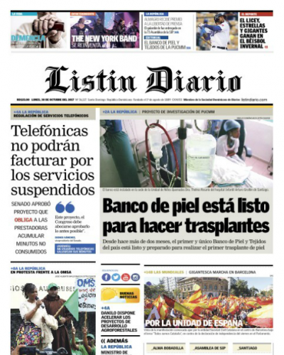 Portada Periódico Listín Diario, Lunes 30 de Octubre 2017