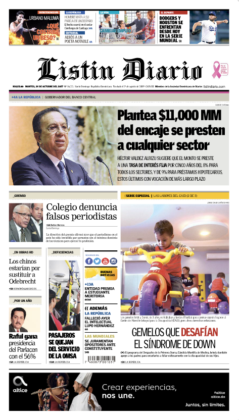 Portada Periódico Listín Diario, Martes 24 de Octubre 2017