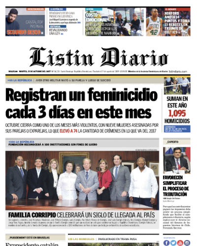 Portada Periódico Listín Diario, Martes 31 de Octubre 2017