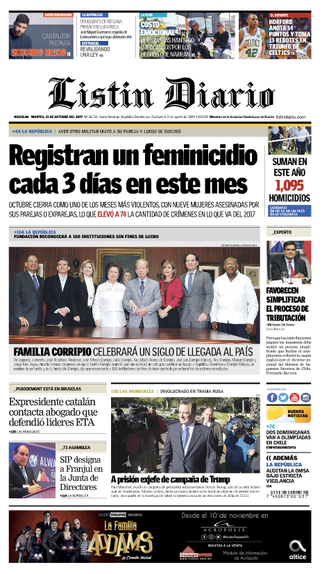 Portada Periódico Listín Diario, Martes 31 de Octubre 2017