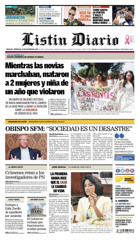 Portada Periódico Listín Diario, Miércoles 25 de Octubre 2017