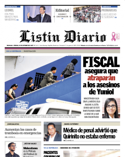 Portada Periódico Listín Diario, Sábado 14 de Octubre 2017