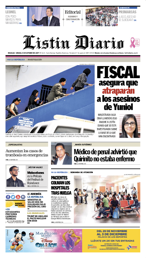 Portada Periódico Listín Diario, Sábado 14 de Octubre 2017