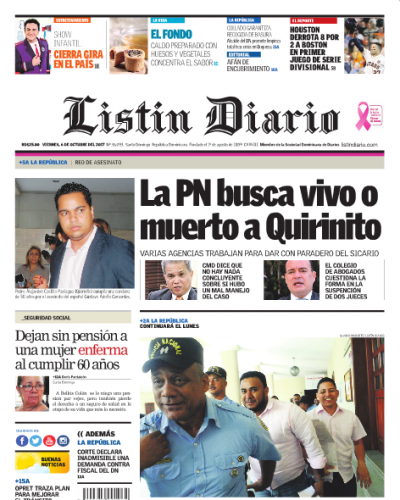 Portada Periódico Listín Diario, Viernes 06 de Octubre 2017