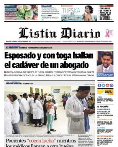 Portada Periódico Listín Diario, Viernes 13 de Octubre 2017