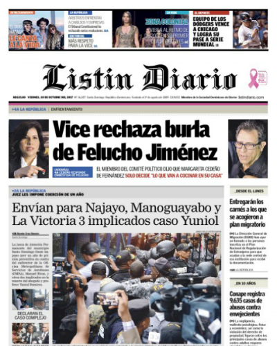 Portada Periódico Listín Diario, Viernes 20 de Octubre 2017