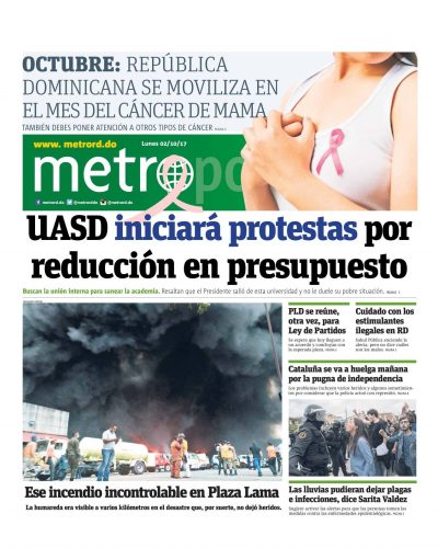 Portada Periódico Metro, Lunes 02 de Octubre 2017