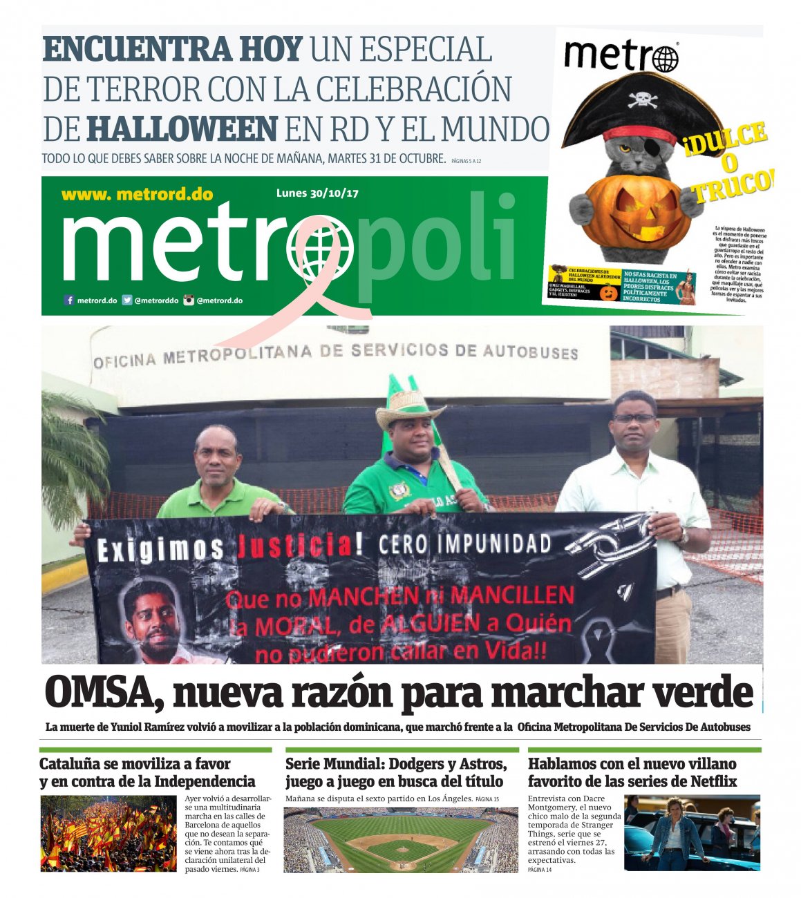 Portada Periódico Metro, Lunes 30 de Octubre 2017