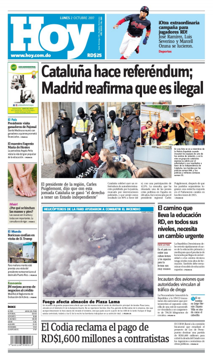 Portada Periódico Periódico Hoy, Lunes 02 de Octubre 2017