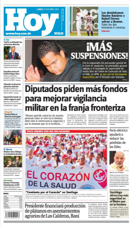 Portada Periódico Periódico Hoy, Lunes 09 de Octubre 2017