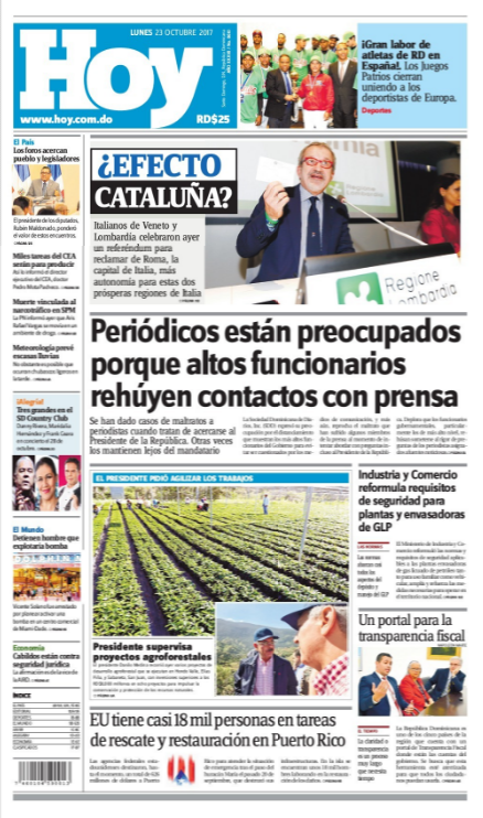 Portada Periódico Periódico Hoy, Lunes 23 de Octubre 2017