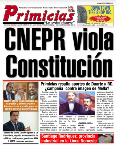 Portada Periódico Primicias, Lunes 16 de Octubre 2017
