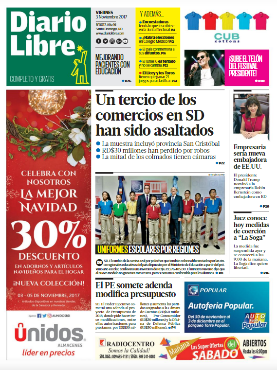 Portada Periódico Diario Libre, Viernes 03 de Noviembre 2017