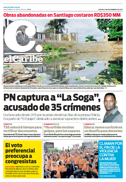 Portada Periódico El Caribe, Jueves 02 de Noviembre 2017