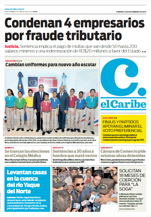 Portada Periódico El Caribe, Viernes 03 de Noviembre 2017