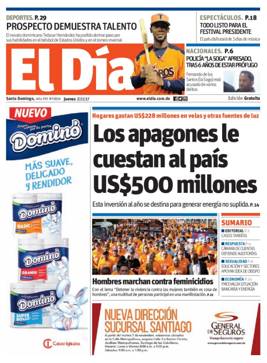 Portada Periódico El Día, Jueves 02 de Noviembre 2017