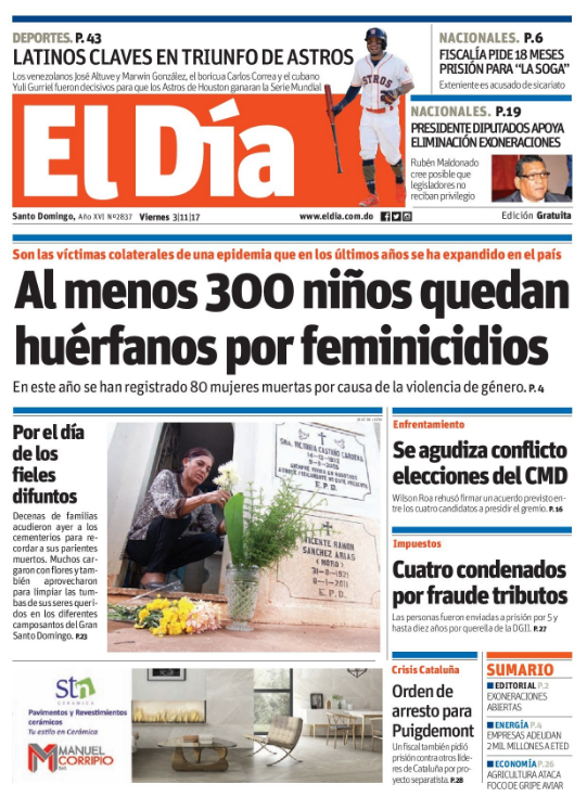 Portada Periódico El Día, Viernes 03 de Noviembre 2017