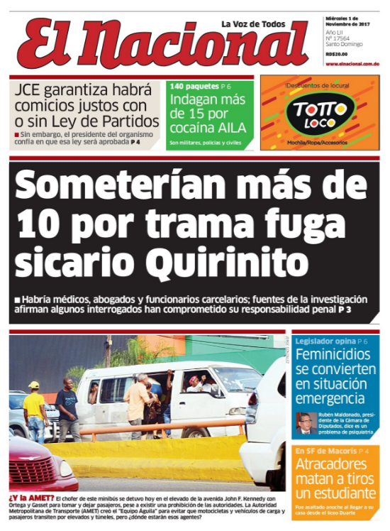 Portada Periódico El Nacional, Miércoles 01 de Noviembre 2017