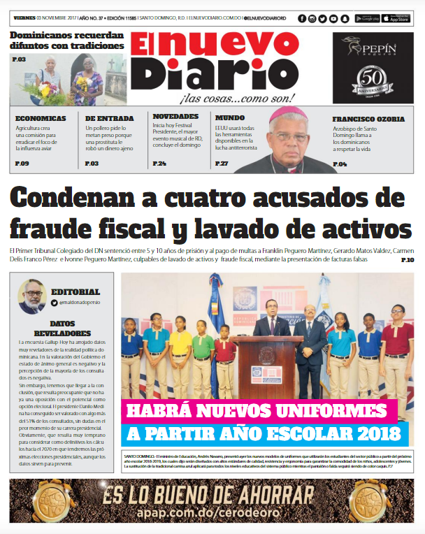 Portada Periódico El Nuevo Diario, Viernes 03 de Noviembre 2017