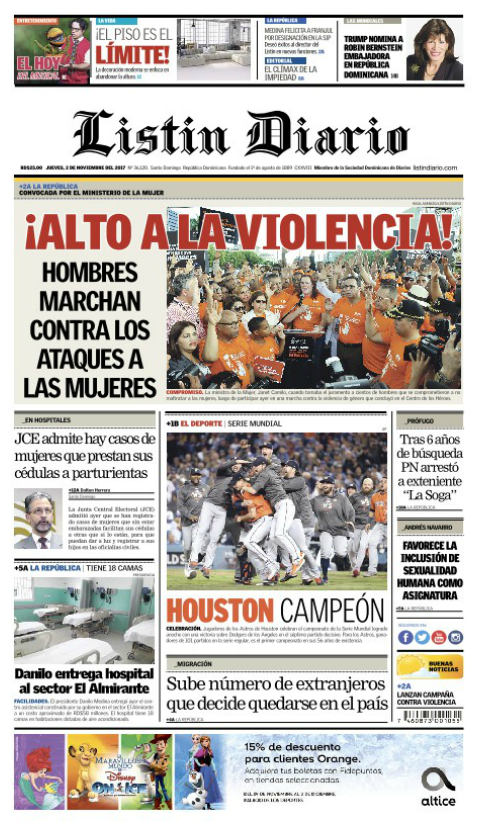 Portada Periódico Listín Diario, Jueves 02 de Noviembre 2017