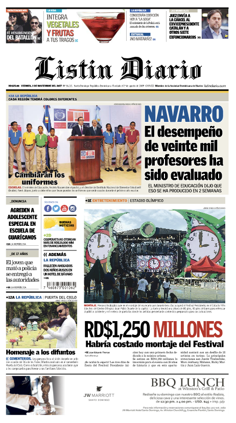 Portada Periódico Listín Diario, Viernes 03 de Noviembre 2017