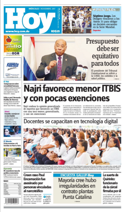 Portada Periódico Periódico Hoy, Miércoles 01 de Noviembre 2017