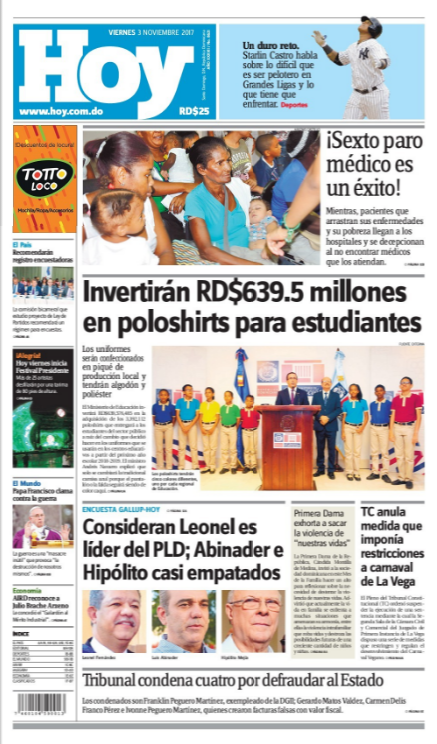 Portada Periódico Periódico Hoy, Viernes 03 de Noviembre 2017