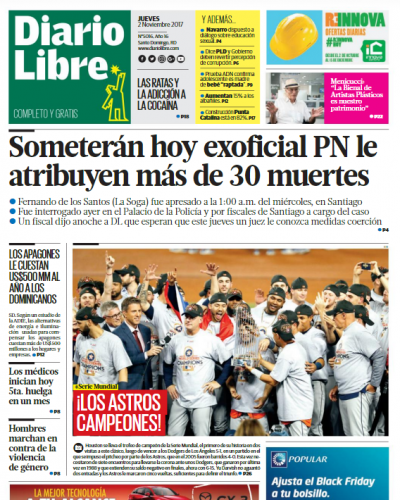 Portada Periódico Diario Libre, Jueves 02 de Noviembre 2017