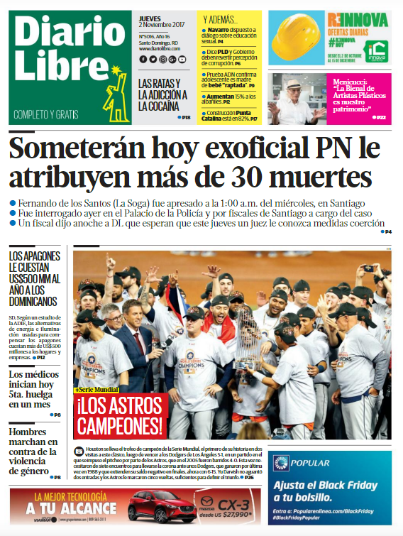 Portada Periódico Diario Libre, Jueves 02 de Noviembre 2017