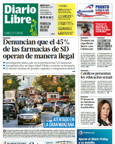 Portada Periódico Diario Libre, Miércoles 01 de Noviembre 2017