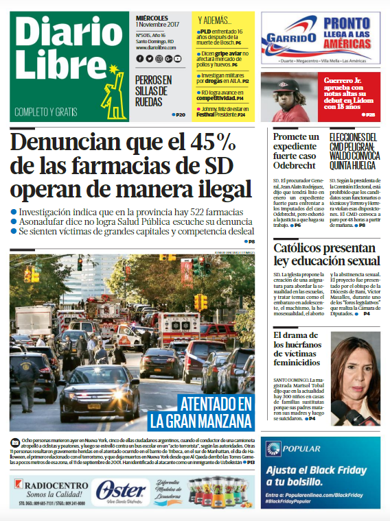 Portada Periódico Diario Libre, Miércoles 01 de Noviembre 2017