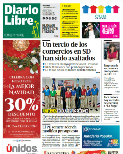 Portada Periódico Diario Libre, Viernes 03 de Noviembre 2017