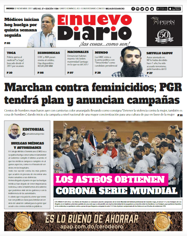 Portada Periódico El Nuevo Diario, Jueves 02 de Noviembre 2017