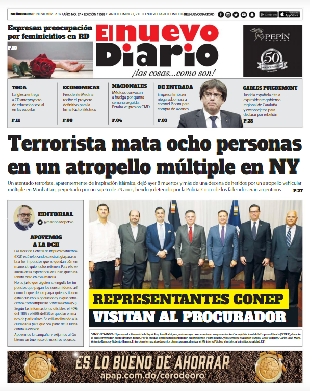 Portada Periódico El Nuevo Diario, Miércoles 01 de Noviembre 2017