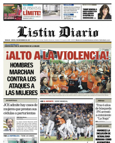 Portada Periódico Listín Diario, Jueves 02 de Noviembre 2017