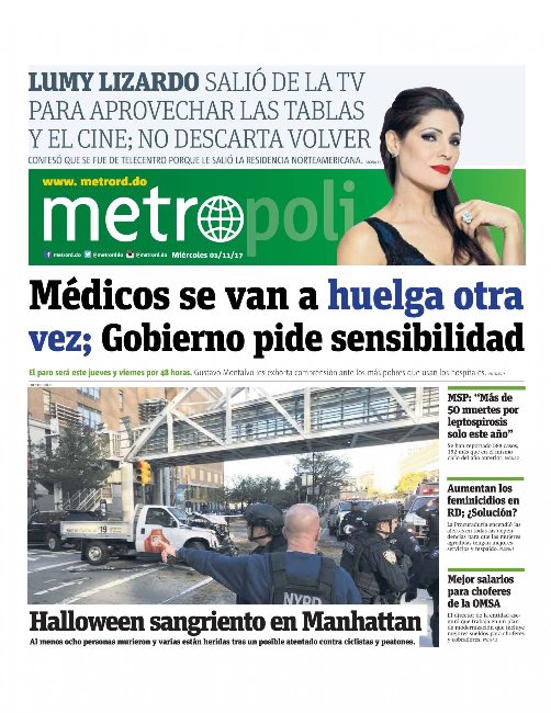 Portada Periódico Metro, Miércoles 01 de Noviembre 2017