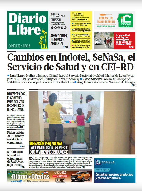 Portada Periódico Diario Libre, Martes 20 de Febrero 2018