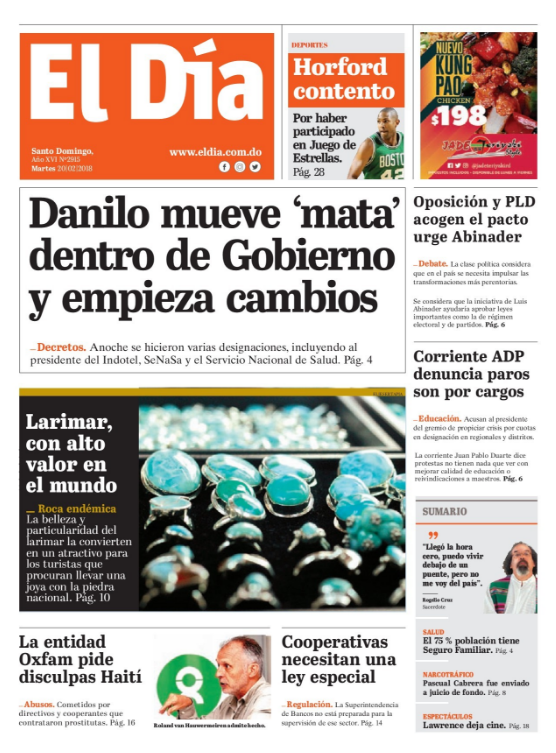 Portada Periódico El Día, Martes 20 de Febrero 2018