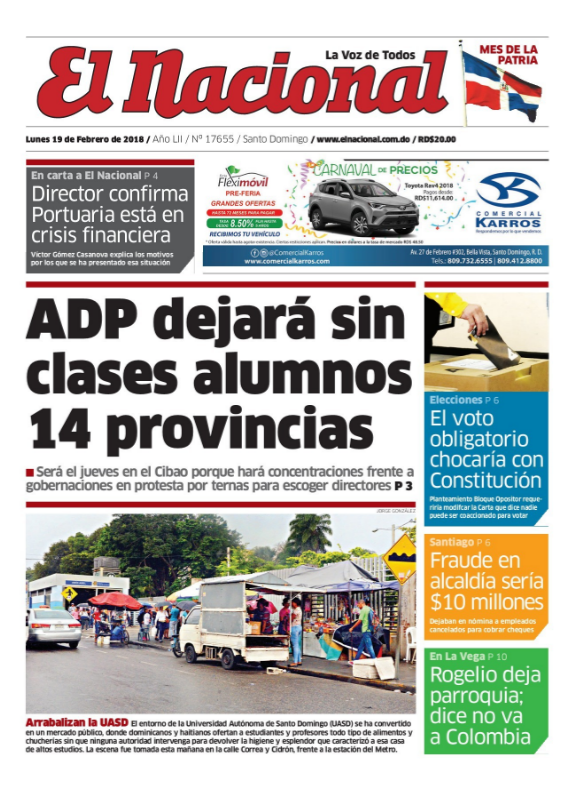 Portada Periódico El Nacional, Lunes 19 de Febrero 2018