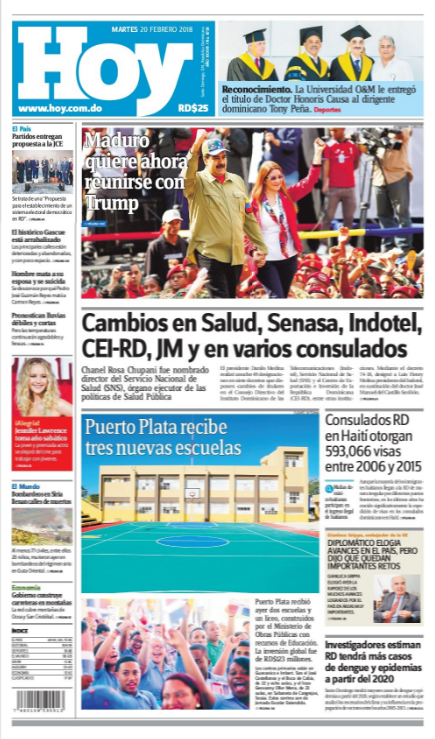 Portada Periódico Periódico Hoy, Martes 20 de Febrero 2018
