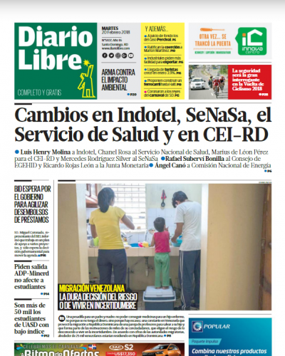 Portada Periódico Diario Libre, Martes 20 de Febrero 2018
