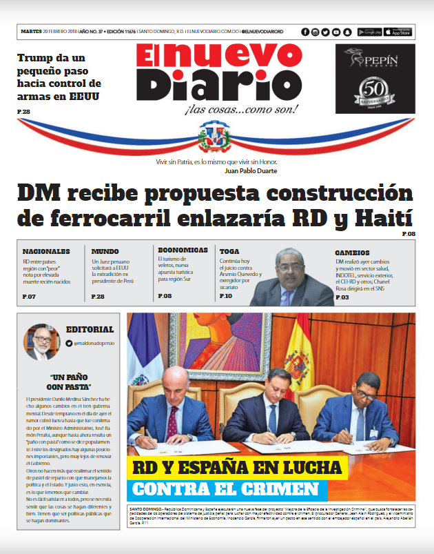 Portada Periódico El Nuevo Diario, Martes 20 de Febrero 2018