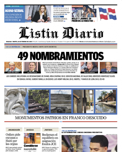 Portada Periódico Listín Diario, Martes 20 de Febrero 2018