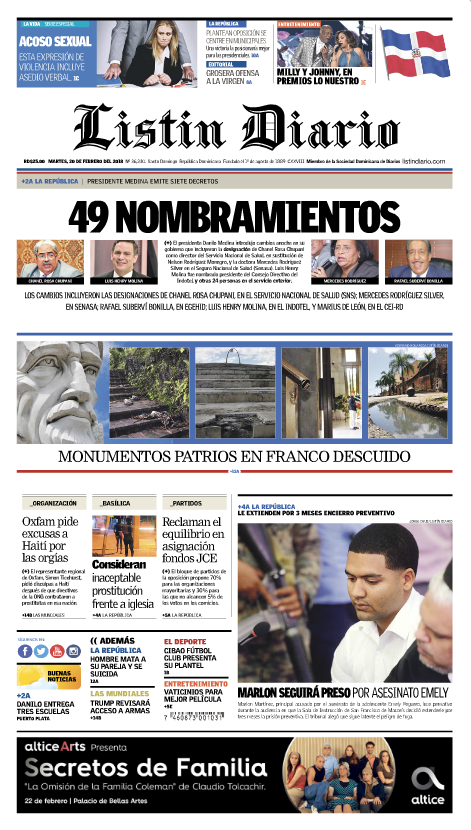 Portada Periódico Listín Diario, Martes 20 de Febrero 2018