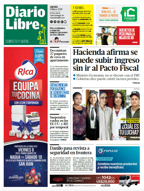 Portada Periódico Diario Libre, Jueves 08 de Marzo 2018